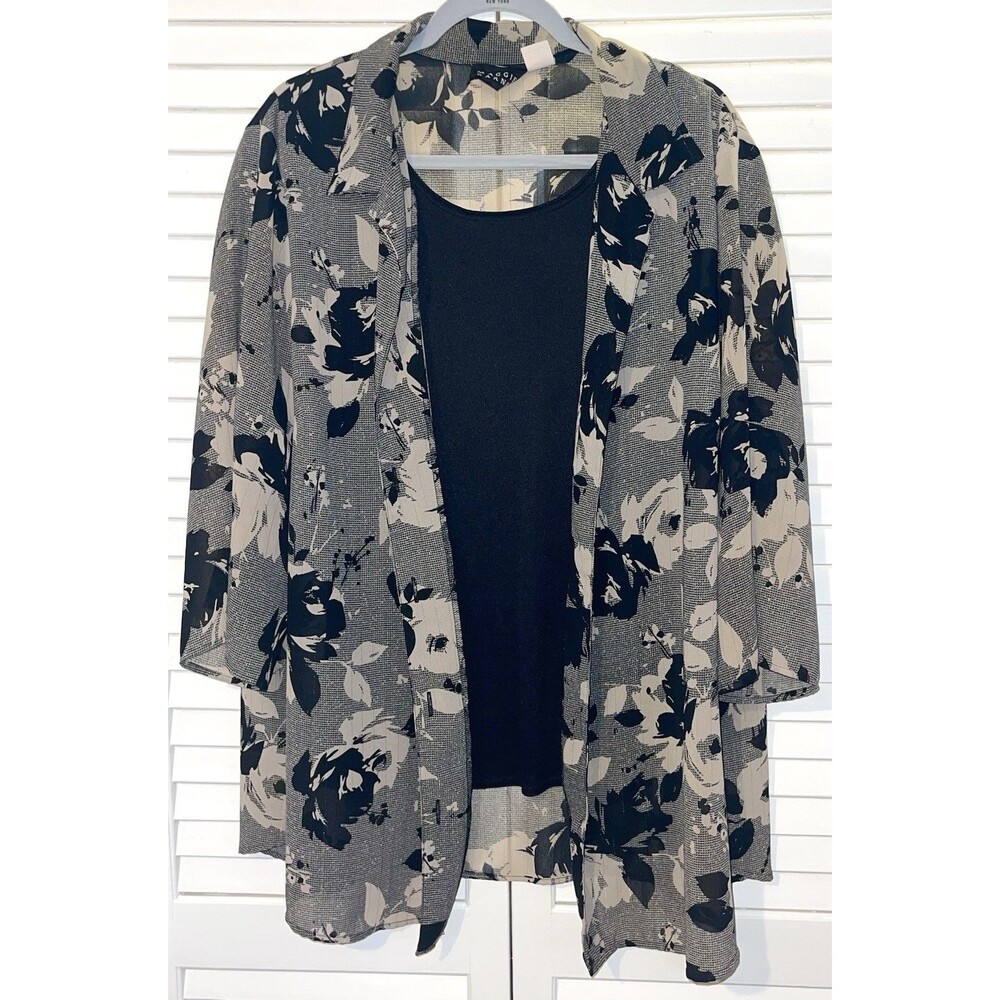 Maggie Barnes Shirt 3/4 Sleeve Button Front Built in Tank Black Tan Women’s 3X